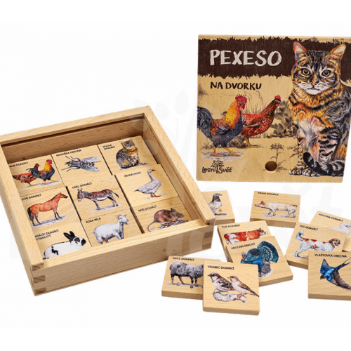 Pexeso v dřevěné krabičce Na dvorku - Domácí zvířata - český popis