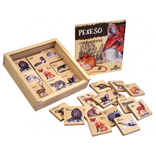 Pexeso v dřevěné krabičce - Lesní zvířata - český popis